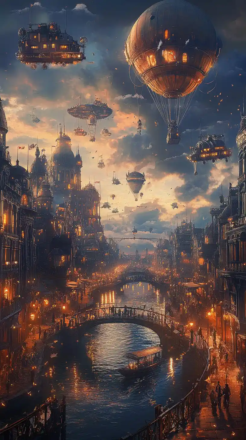 Maestosa città steampunk sui canali con aeronavi al crepuscolo