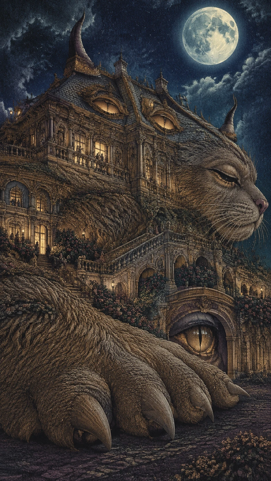 Gotisches Herrenhaus im Mondlicht, das eine verborgene Tiergestalt enthüllt