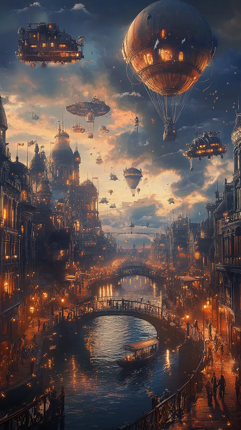 Majestueuse cité steampunk de canaux avec dirigeables au crépuscule