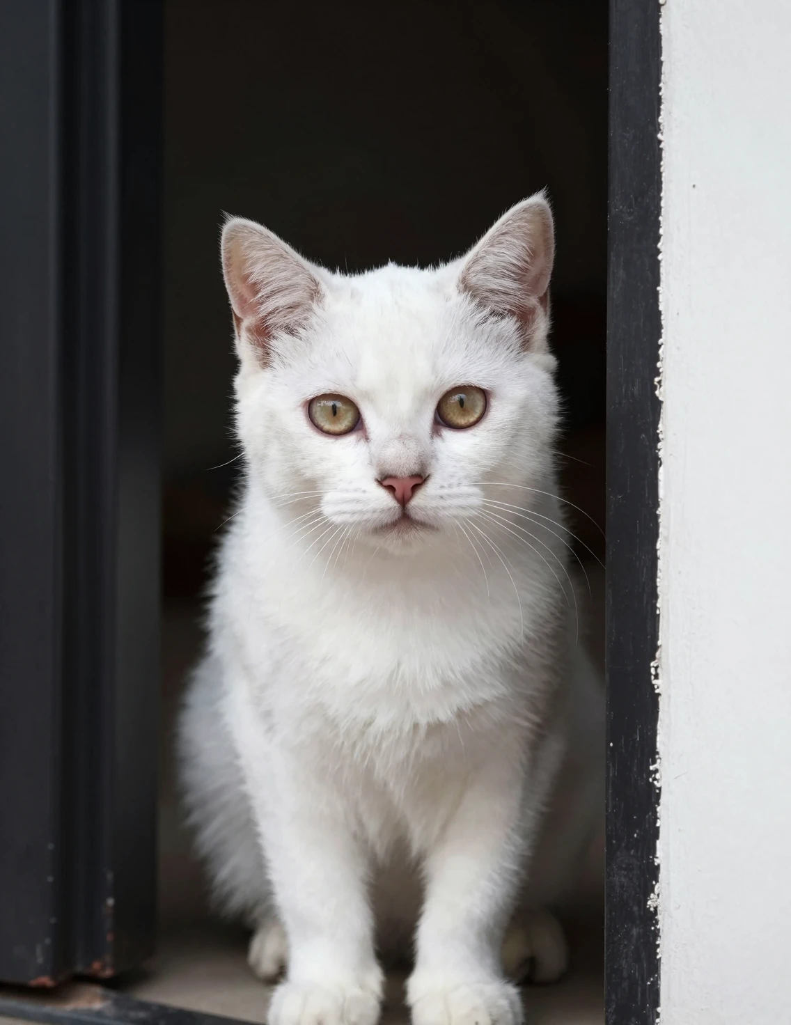 Chaton blanc qui regarde depuis une porte sombre en gros plan