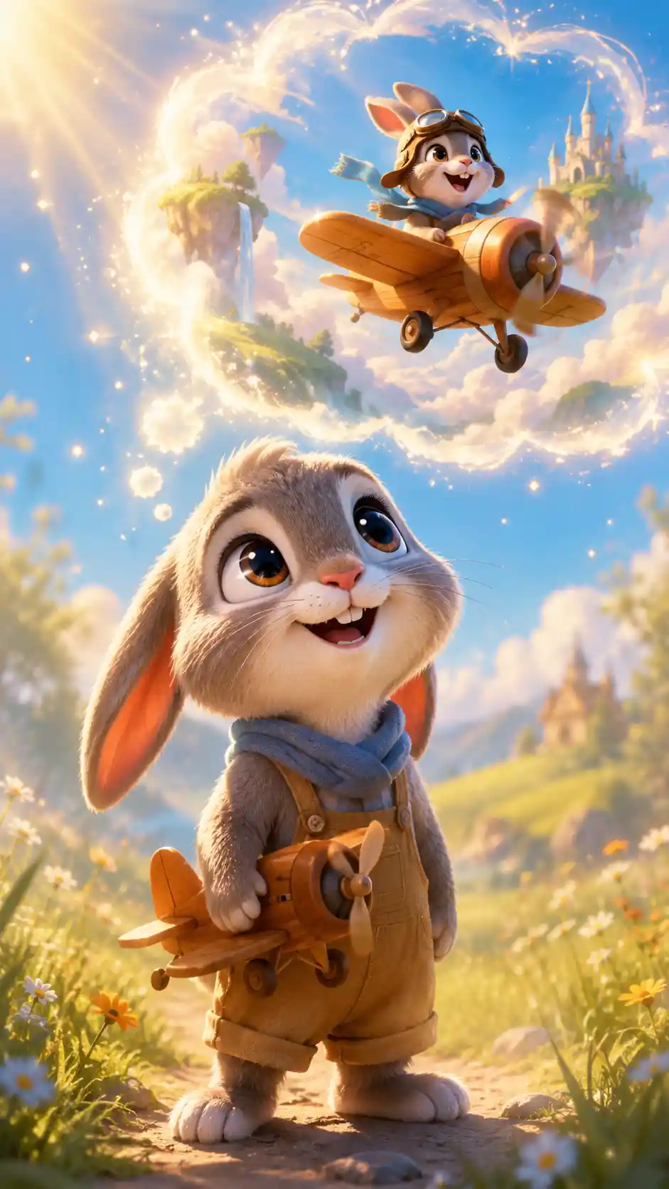 Cute rabbit with toy airplane under sparkling sunlit sky