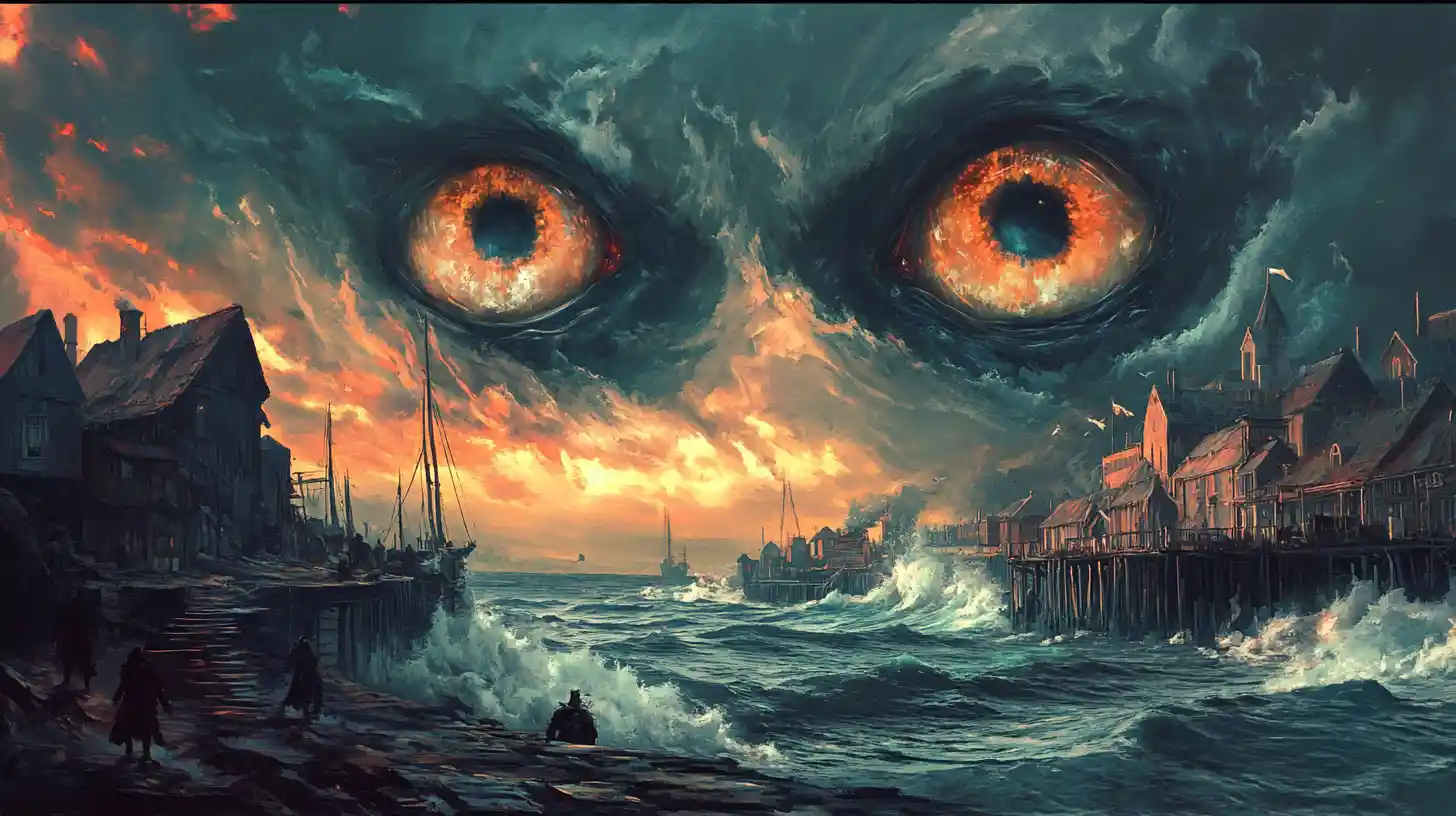 Riesige Augen eines Wasserungeheuers rücken auf Küstenstadt vor