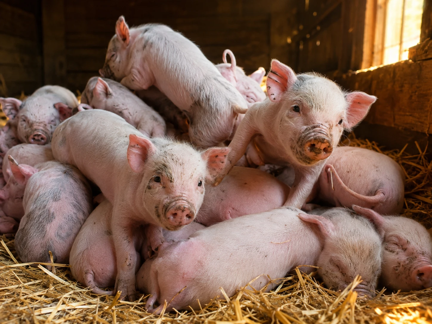 Niedliche Ferkel kuscheln zusammen auf warmem Stallstroh