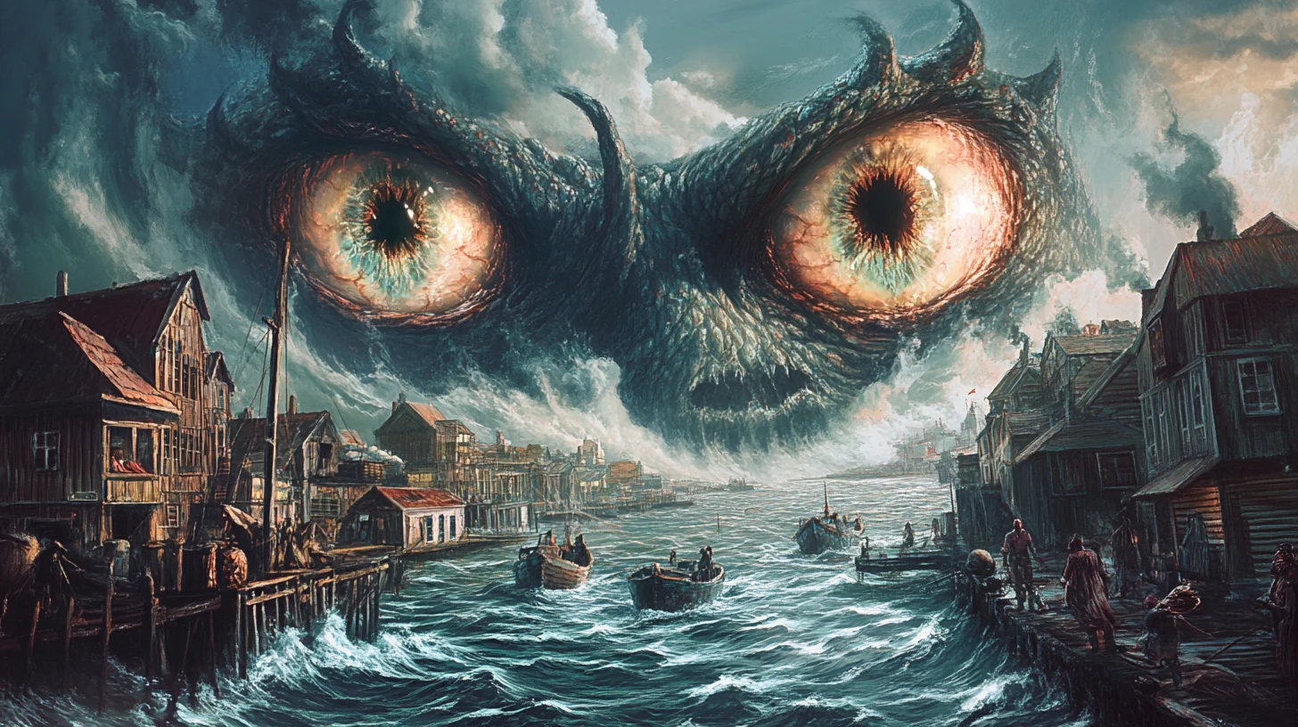 Gigantescos ojos malvados que se alzan del mar hacia una ciudad portuaria