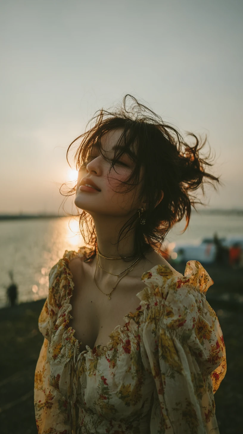 きらめく海辺で横顔を見せる若い日本人女性