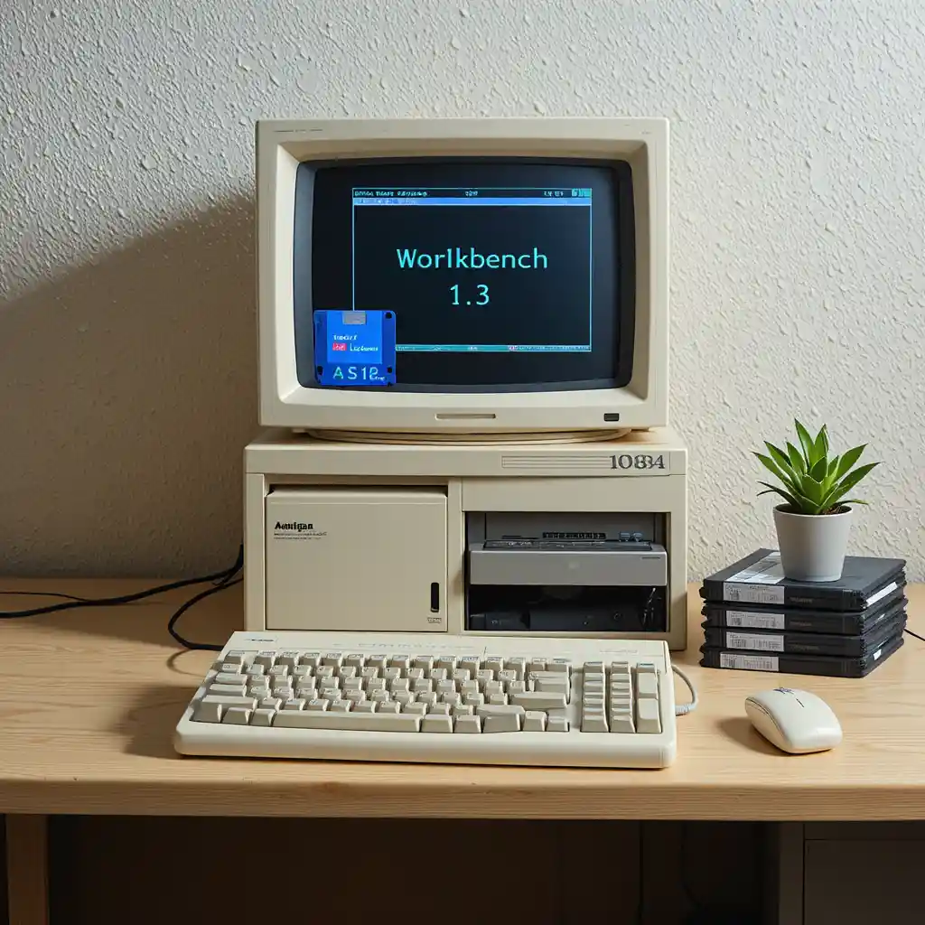 Computador Vintage Commodore Amiga em Escrivaninha de Madeira