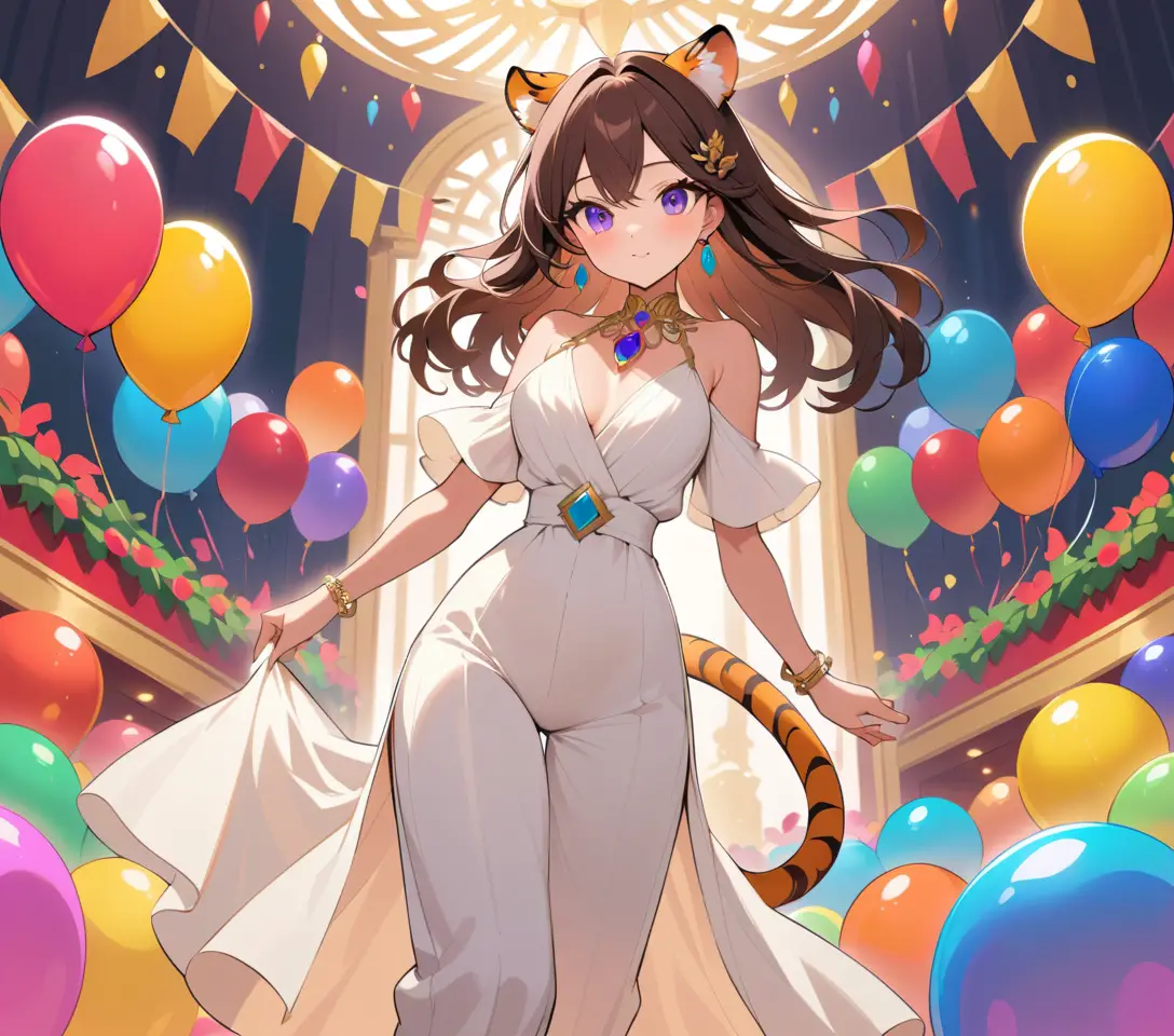 Elegante donna con orecchie da tigre in jumpsuit color crema alla festa