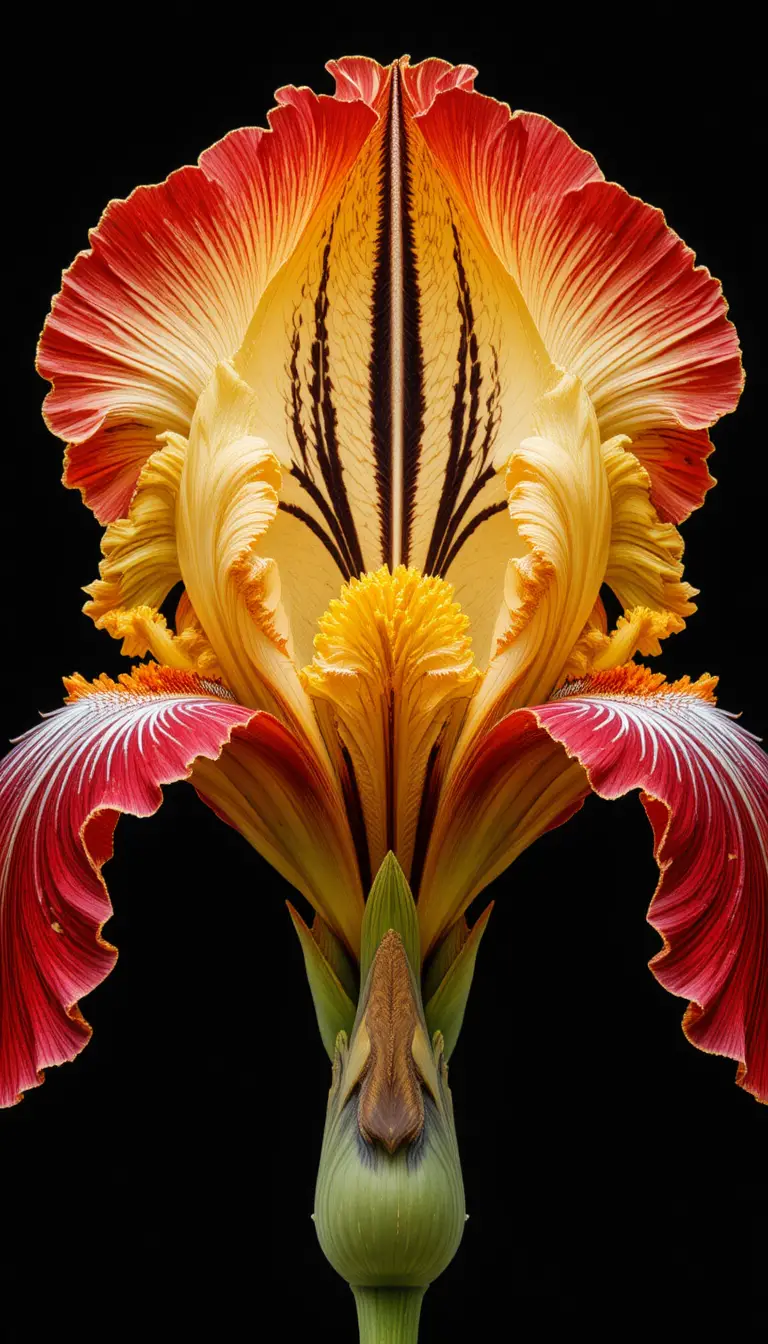 Macro close up of a single striped iris flower