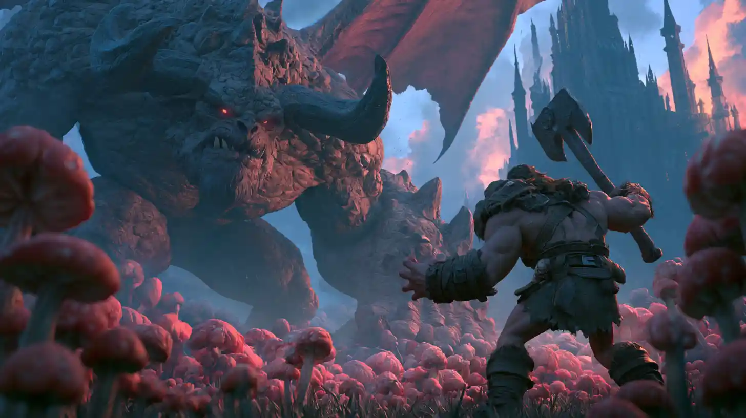 Guerriero barbaro in lotta con un demone alato in un fantasy 3D