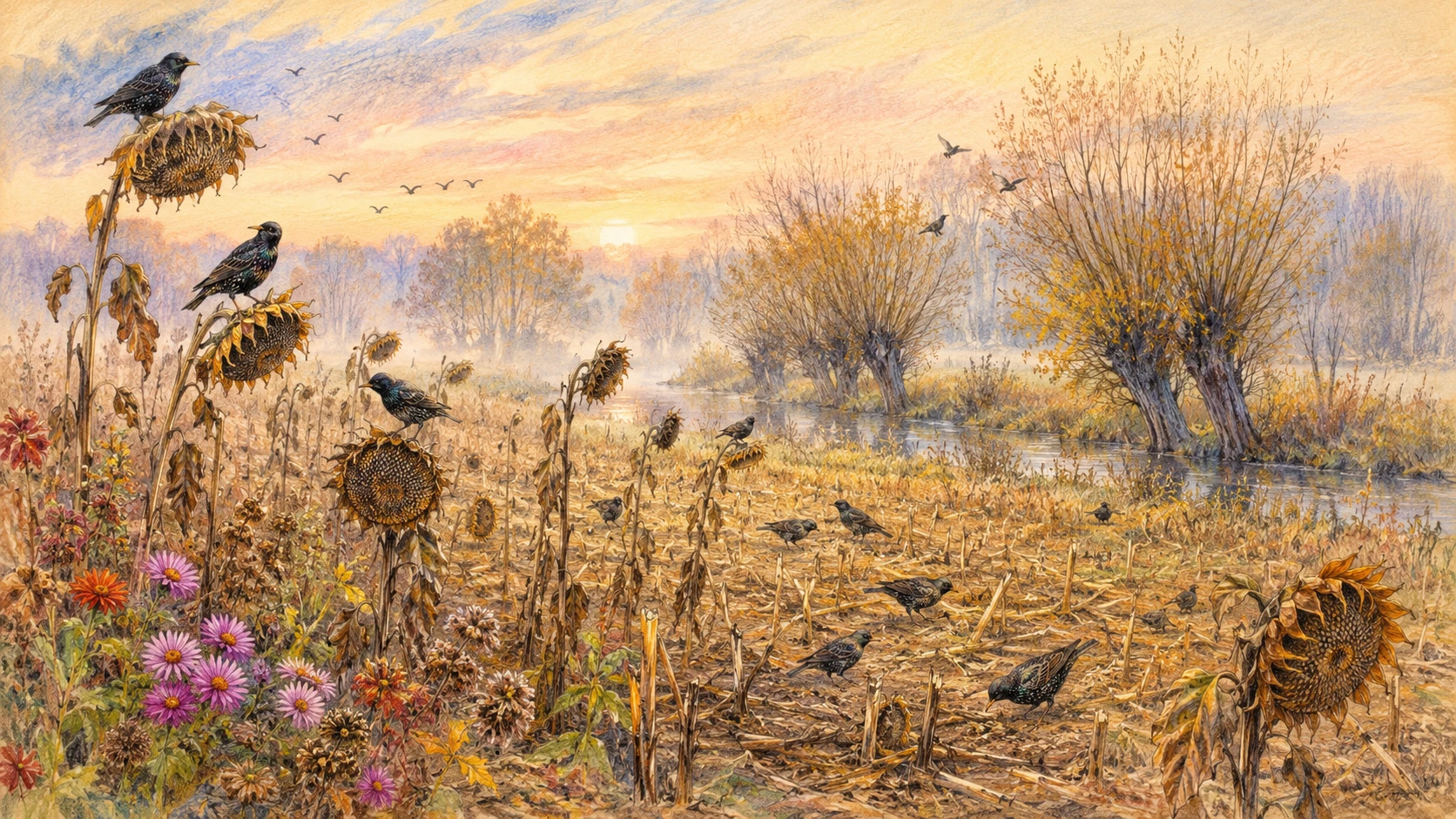 Champ de tournesols d’automne dans la brume avec ruisseau lointain et arbres