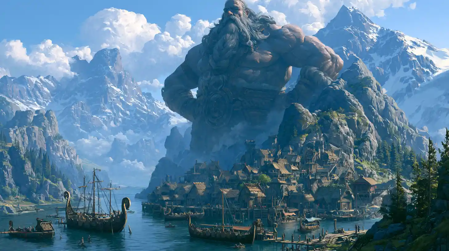 Colossal Odin Overlooking A Mountain Viking Village Harbor