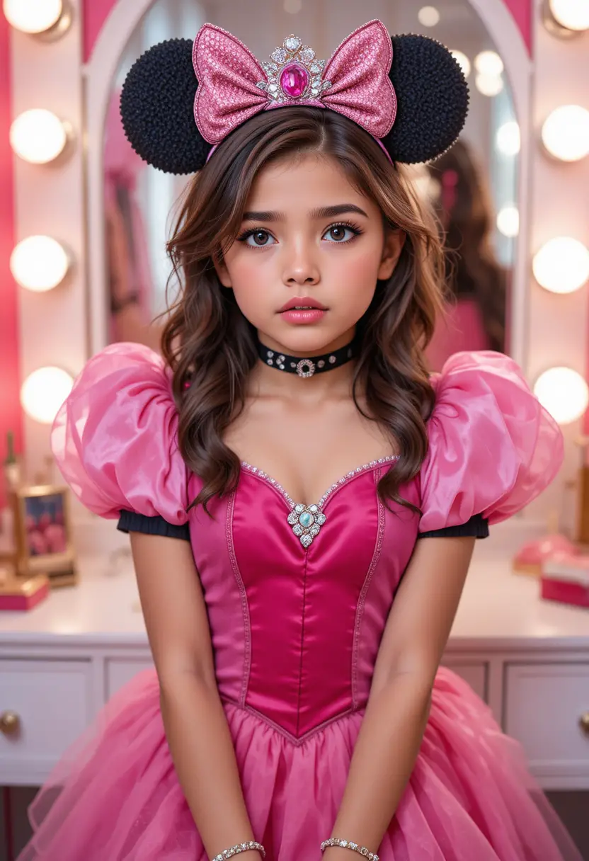 Jeune garçon en costume de princesse devant une coiffeuse maquillage