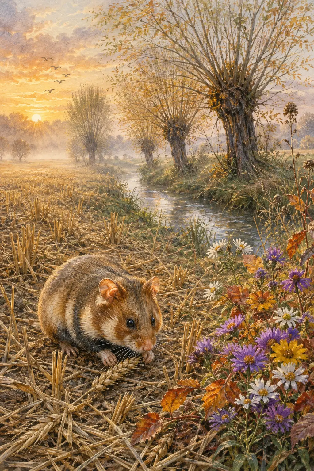 Hamster dans un champ d’automne brumeux – illustration à l’aquarelle