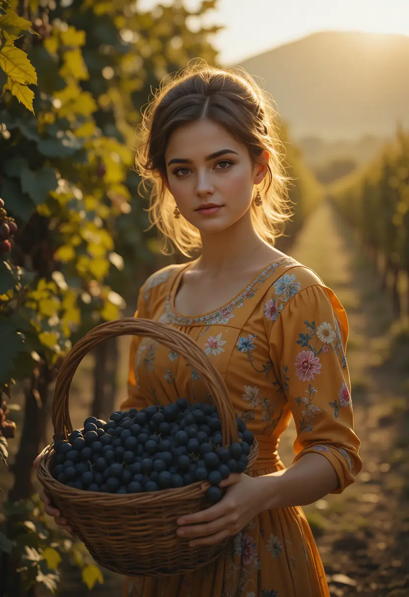 Mujer italiana recogiendo uvas en un viñedo bañado por el sol