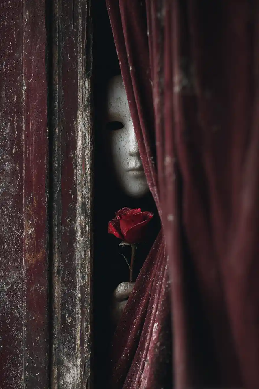 Figura fantasmagórica atrás de cortina bordô segurando uma rosa vermelha
