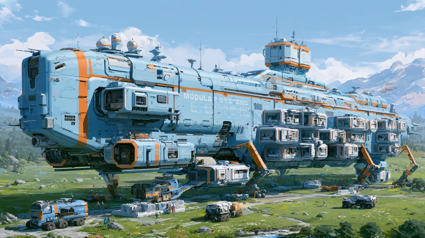 Enorme nave colonial modular aterrizando en un mundo alienígena verde
