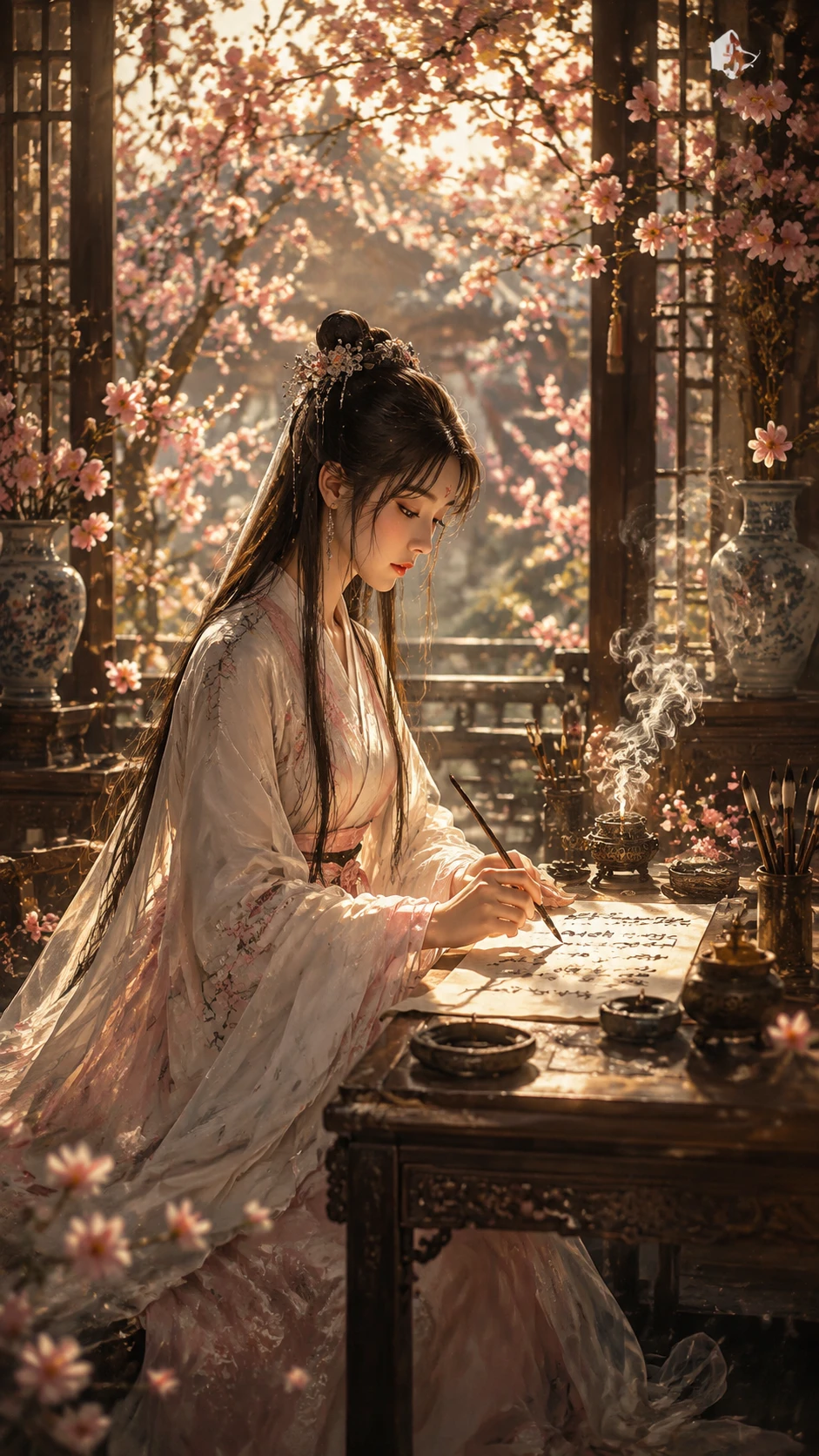 Mujer elegante con hanfu practicando caligrafía junto a la ventana
