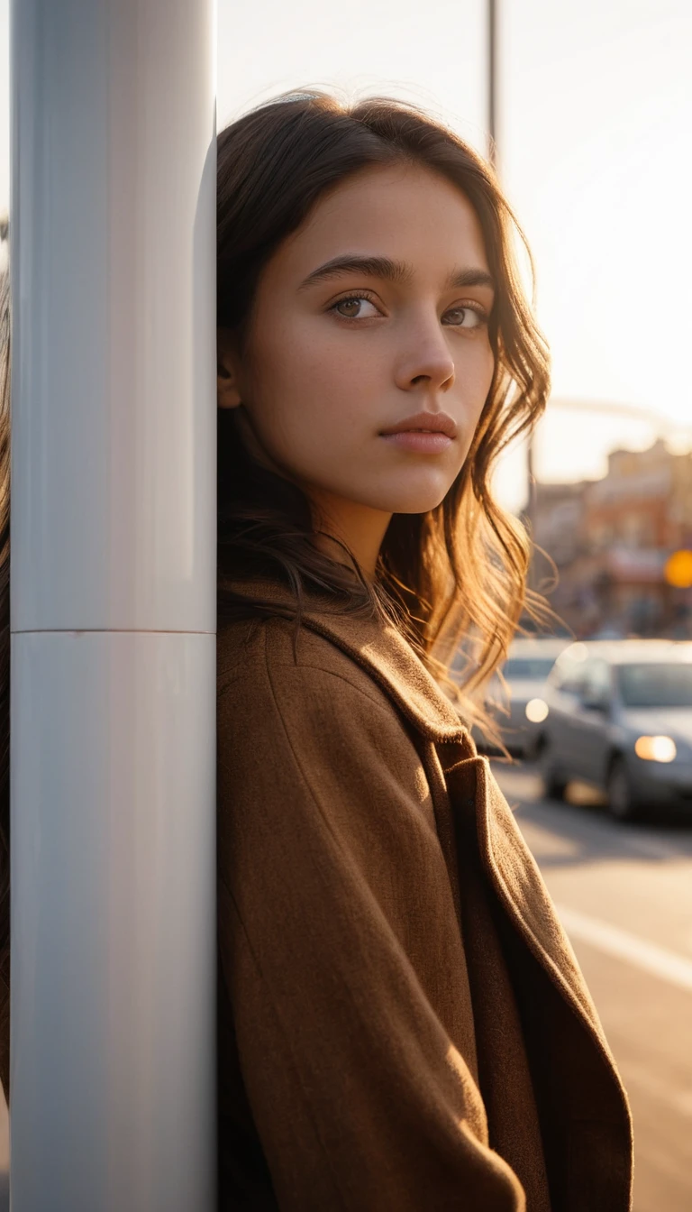 Young woman portrait in warm golden hour city light