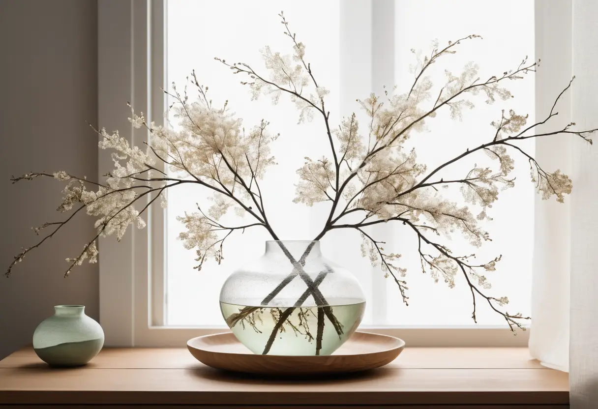 Intérieur Japandi Serein avec Céramiques et Branches Naturelles