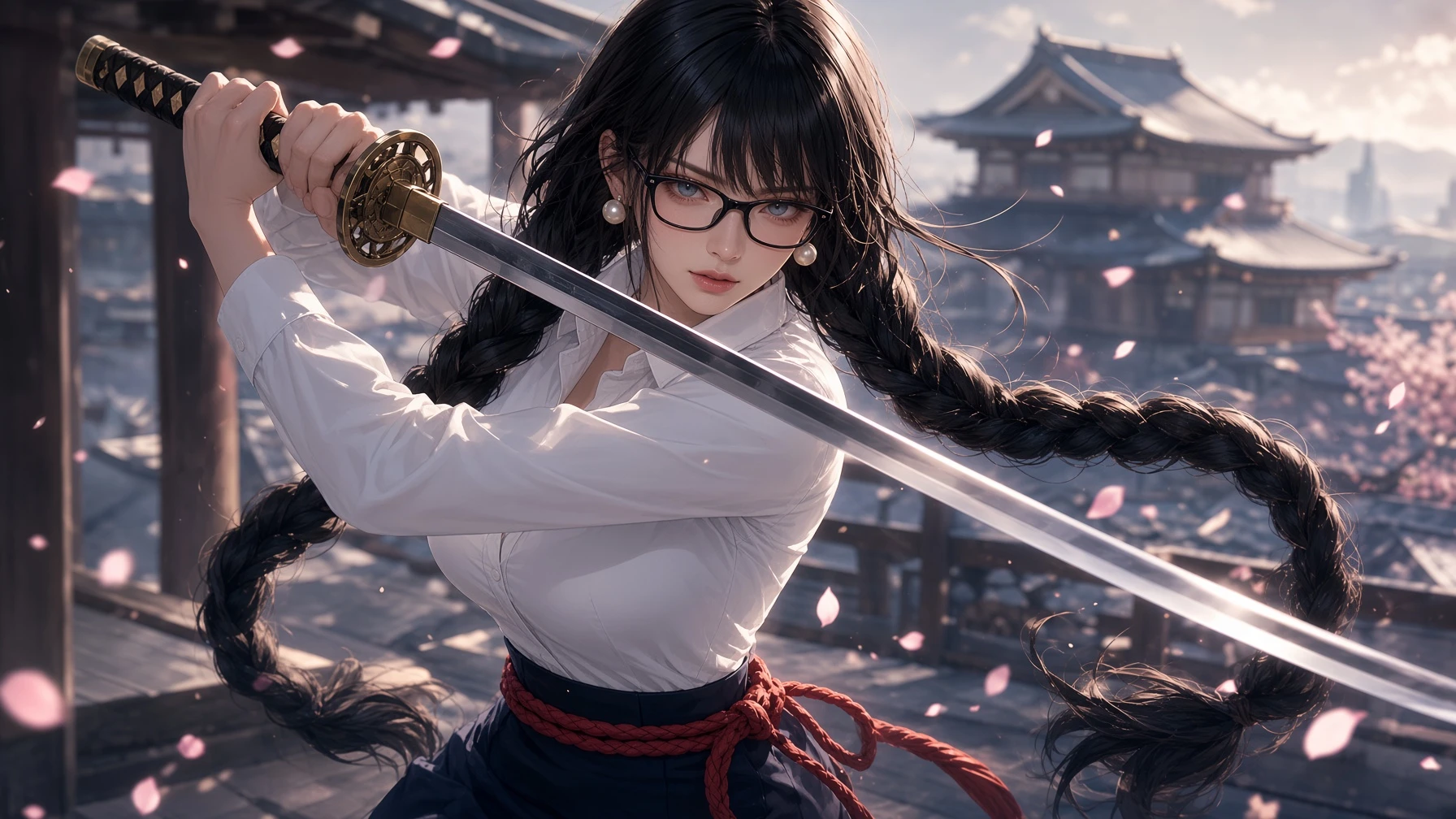 Lycéenne exorciste façon anime brandissant un katana en pose dynamique