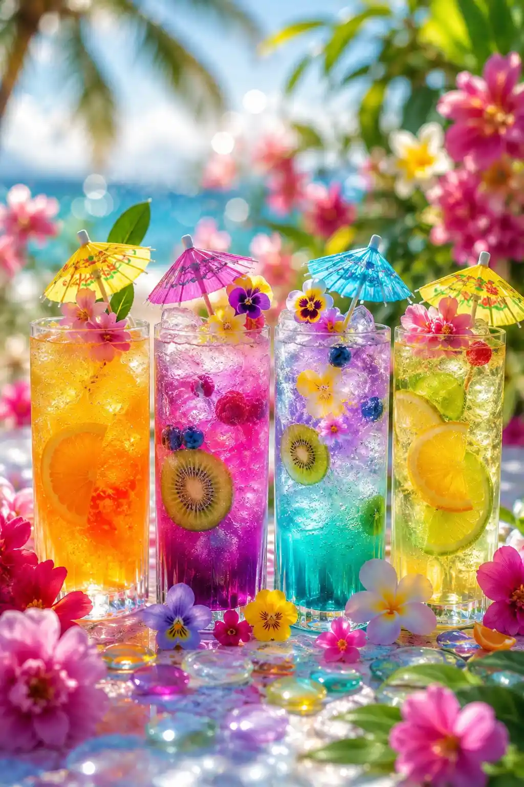 Bunte, sprudelnde Fruchtcocktails an einem sonnigen Tropenstrand