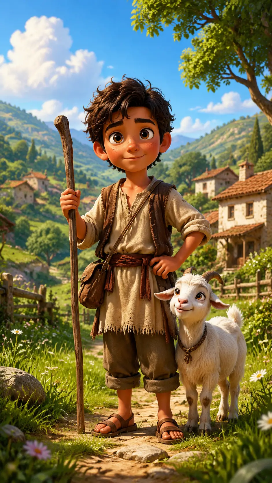 Jeune berger avec une chèvre blanche dans un champ ensoleillé du village
