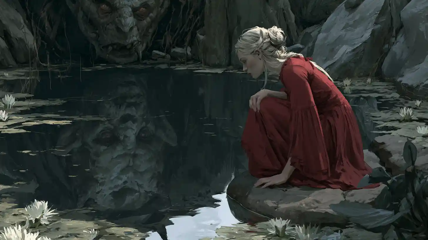 Woman gazes into pond as monstrous reflection stares back