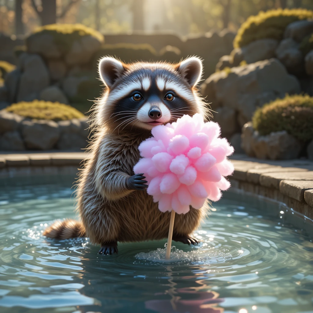 日差しの動物園のプールで綿菓子を洗うアライグマ
