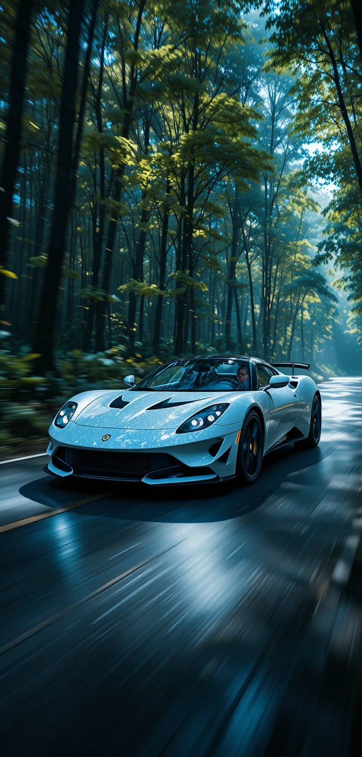 光り輝くファンタジー森林を疾走する白いスポーツカー