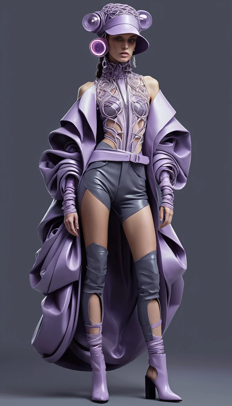 Mujer futurista de moda de cuerpo completo en resplandor lila cyberpunk