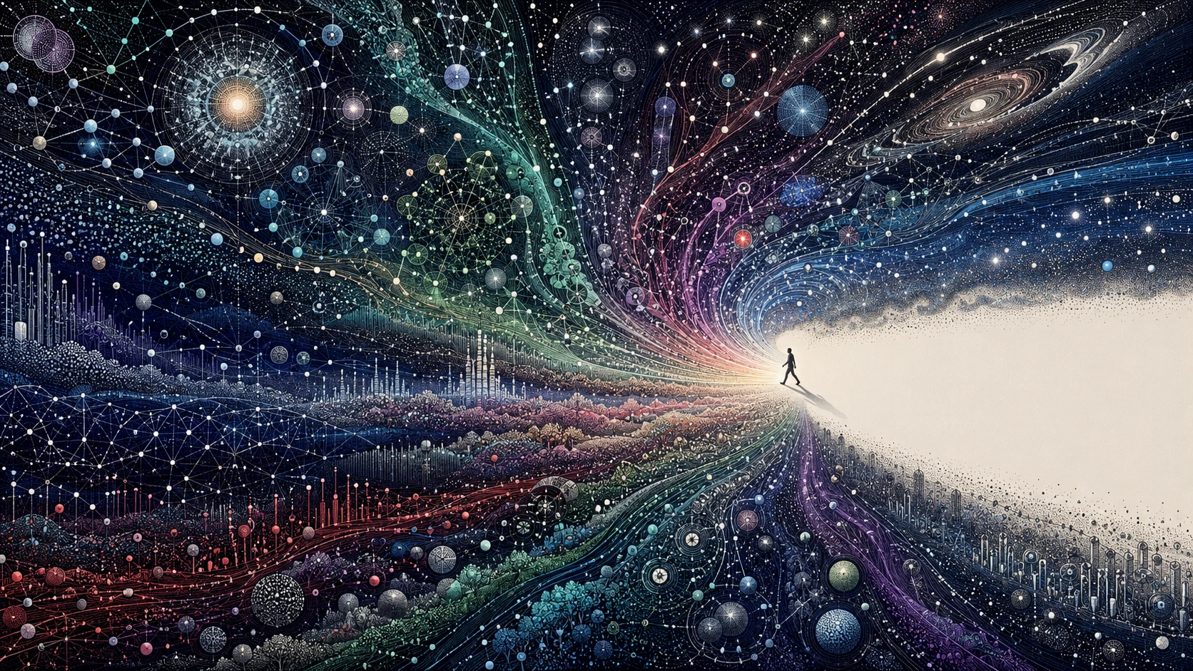 Minúsculo humano ante un inmenso universo cósmico analítico