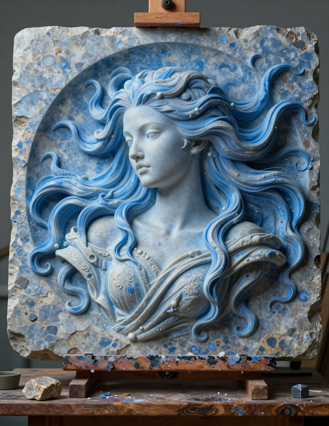 Retrato de mujer tallado en piedra en arte 3D azul