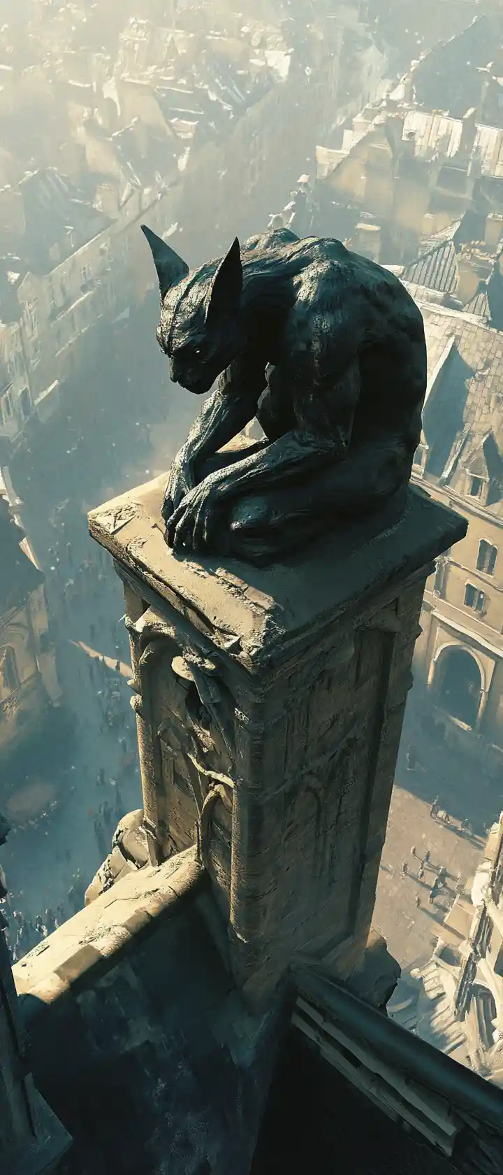 Antica gargolla che domina un drammatico paesaggio urbano noir