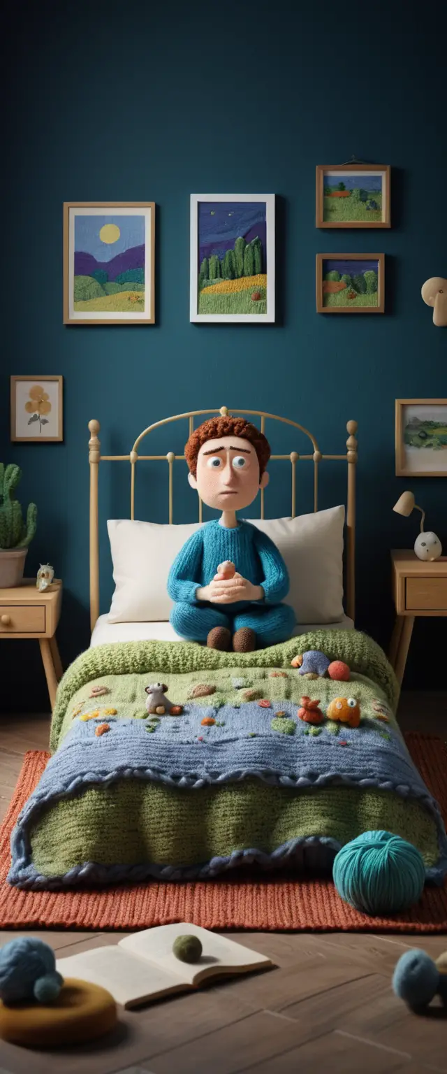 Childlike clay illustration of fear in a cozy bed