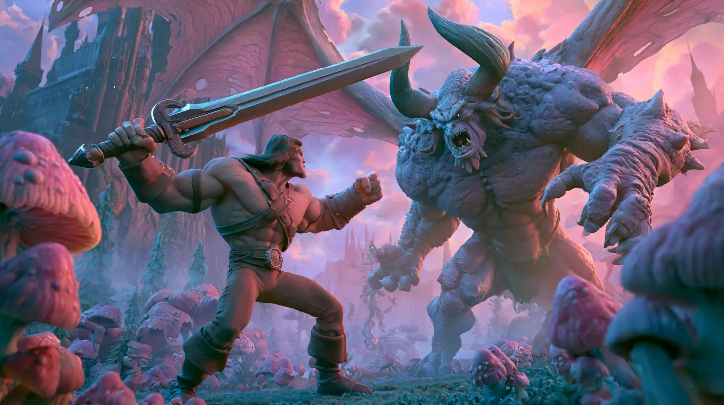 Barbarischer Krieger kämpft gegen einen riesigen geflügelten Dämon in 3D-Fantasy