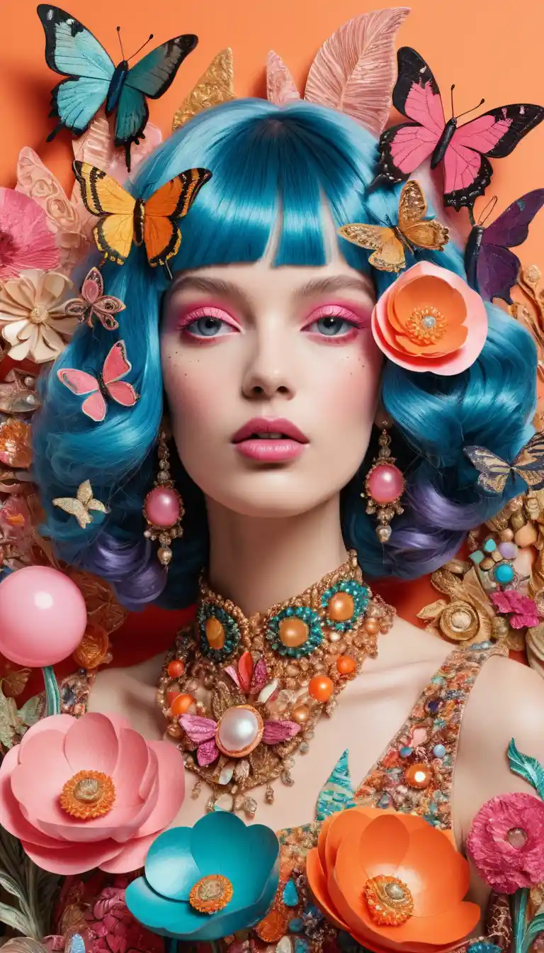 Colagem surreal de mulher retrô com penteado pastel imponente