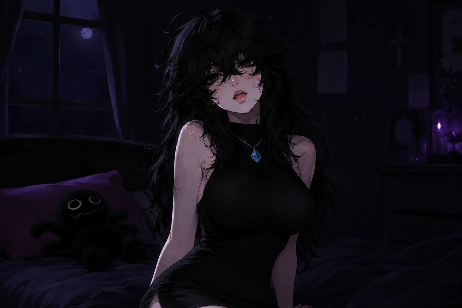 身穿黑色洋裝的柔美女孩站在昏暗臥室中