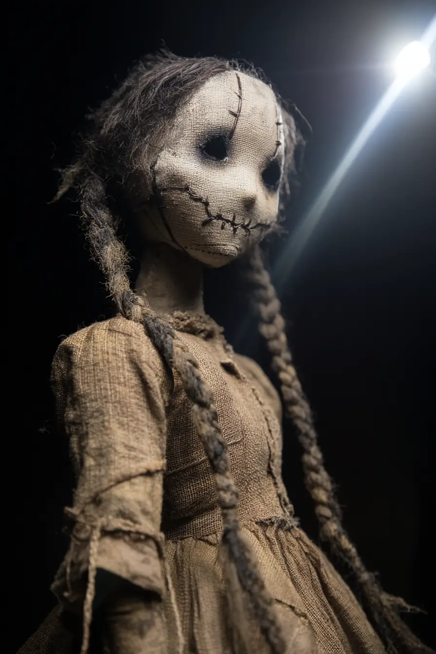 Muñeca andrajosa y en descomposición bajo un foco sobre fondo negro