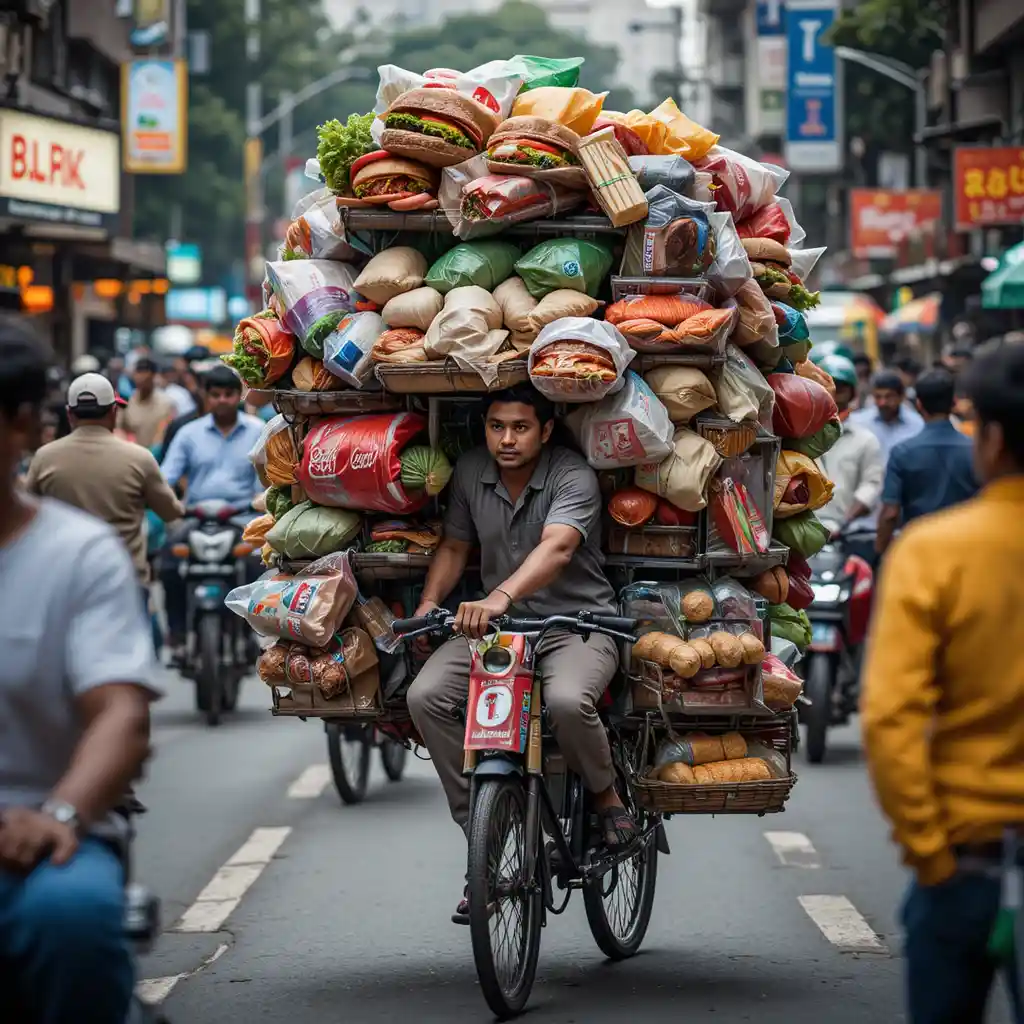 Entregador de bicicleta sobrecarregado no trânsito caótico de Mumbai