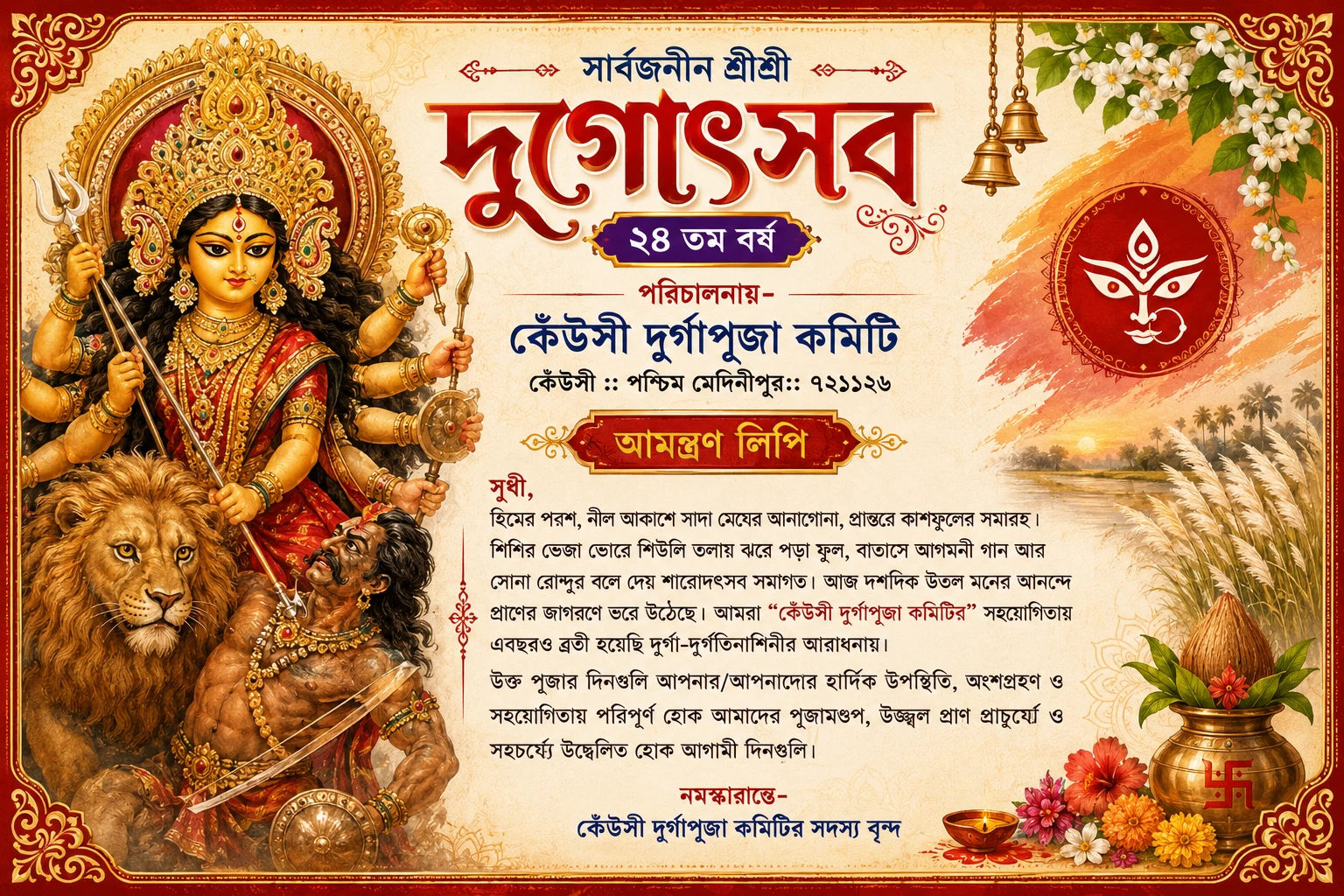 Carte d’invitation Durga Puja en bengali avec typographie festive