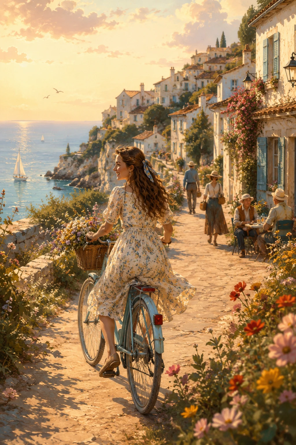 Donna in bicicletta attraverso un tranquillo villaggio sul mare francese