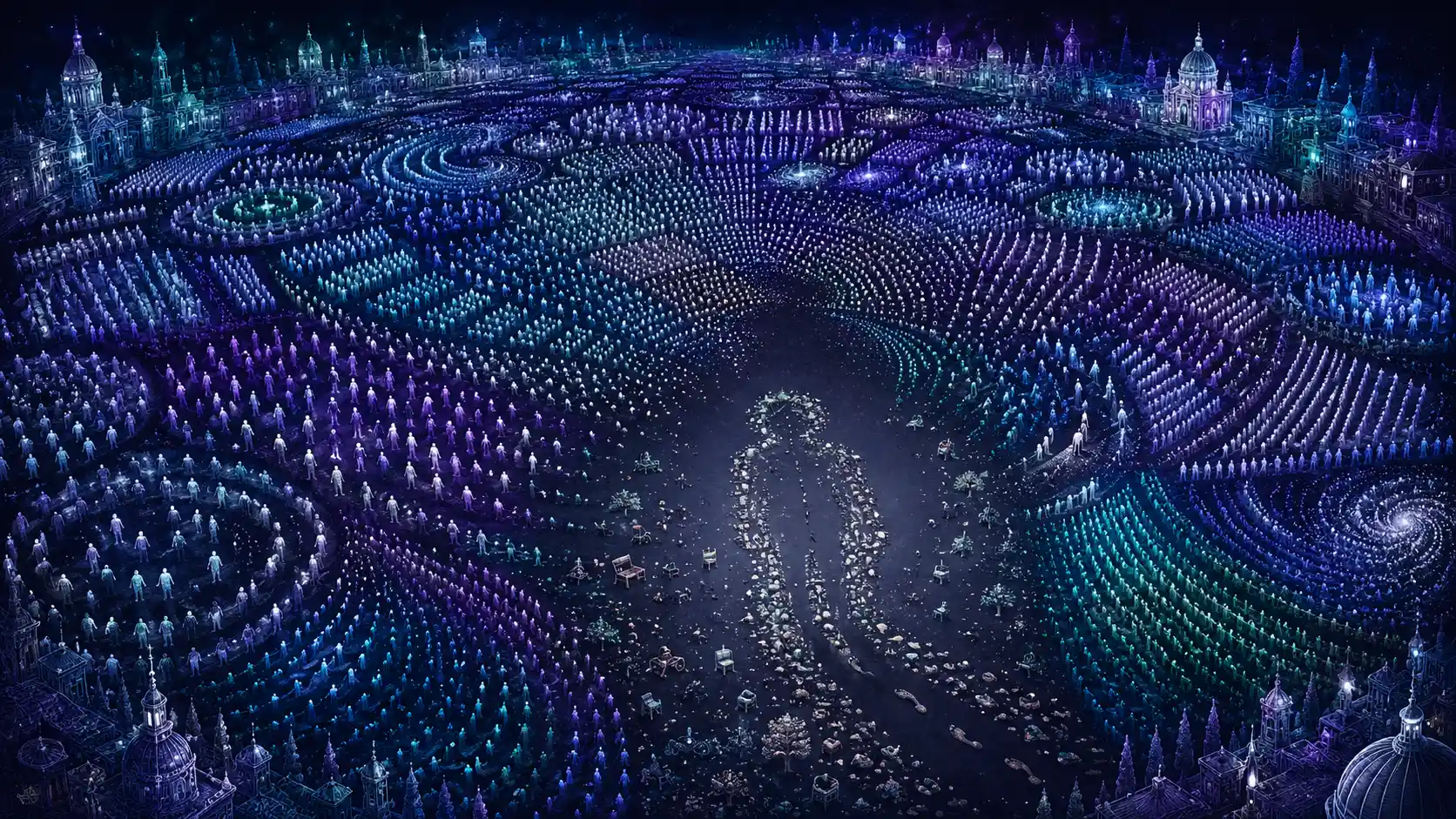 Surreal field of luminous human silhouettes in data patterns