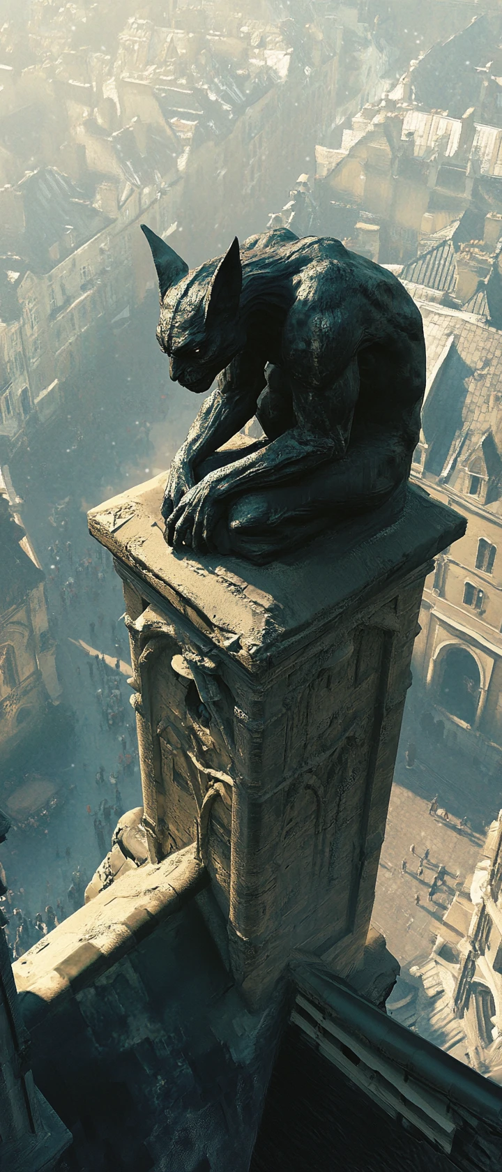 Ancient gargoyle overlooking a dramatic noir cityscape