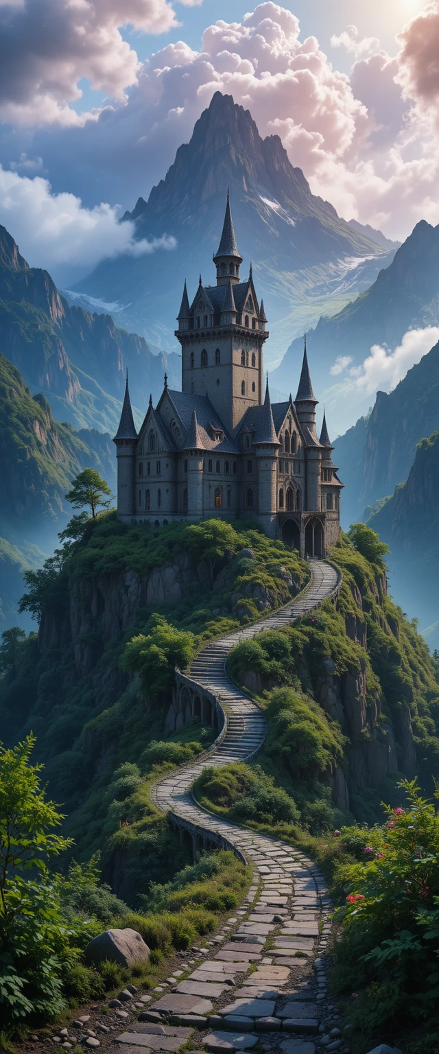 Castelo de montanha abandonado brilhando no suave nascer do sol dourado