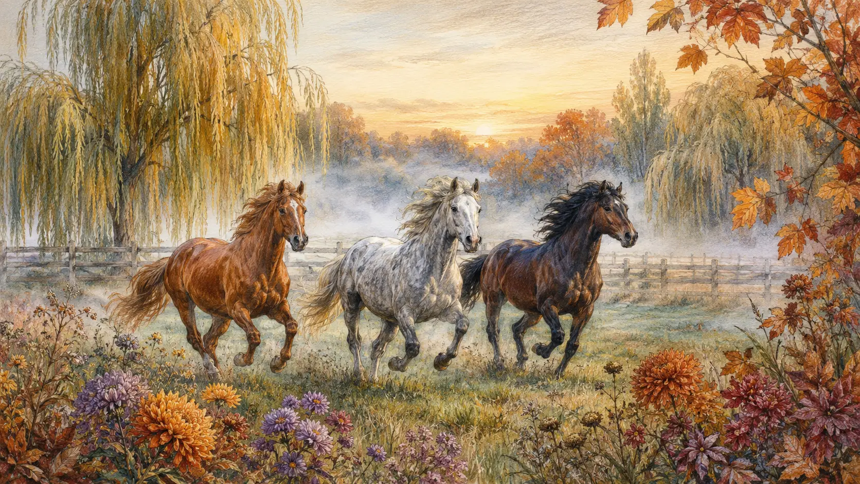 Chevaux joyeux galopant à travers un pâturage d’automne brumeux