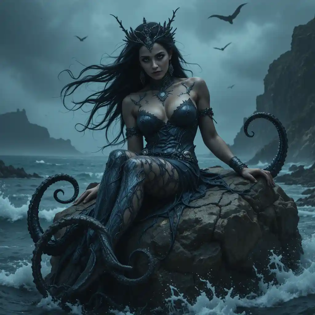 Reine sombre des mers avec tentacules de poulpe sur des rochers en pleine tempête