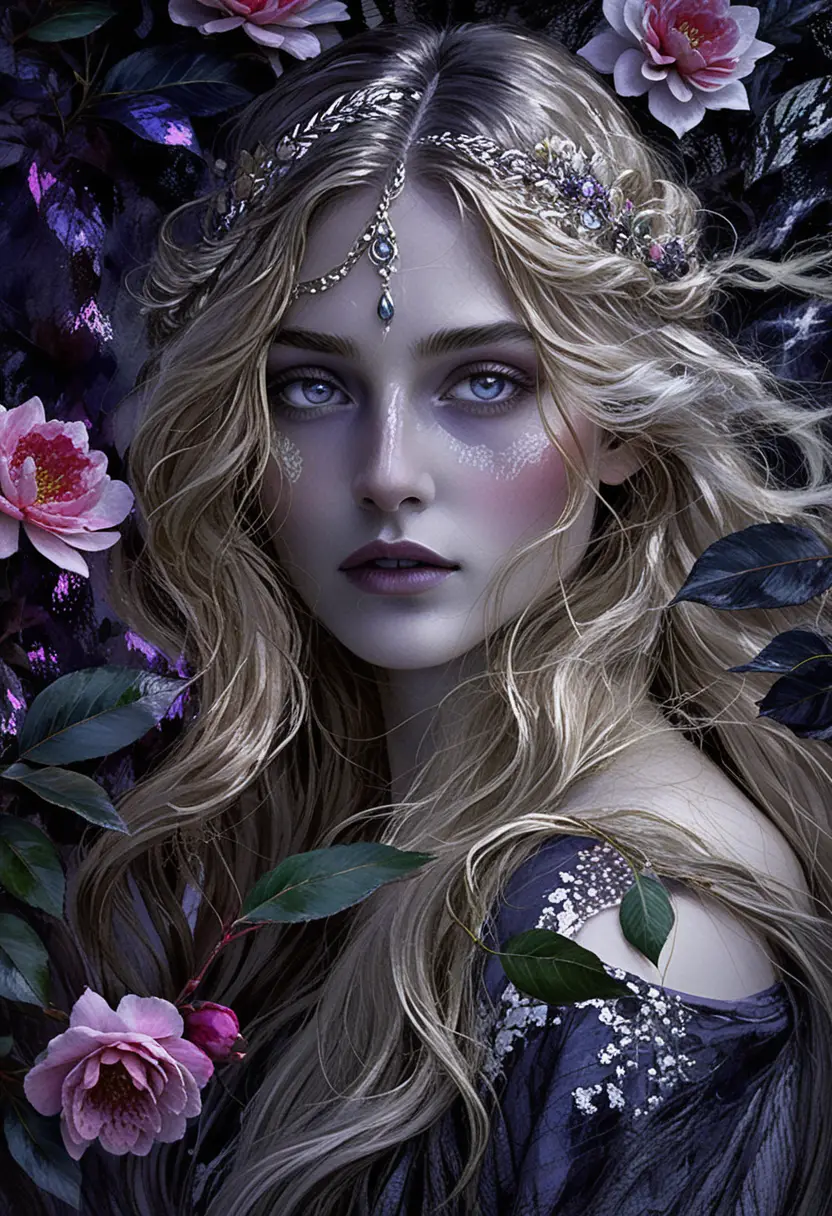 Portrait de femme avec fleurs rouges et cheveux auburn flottants