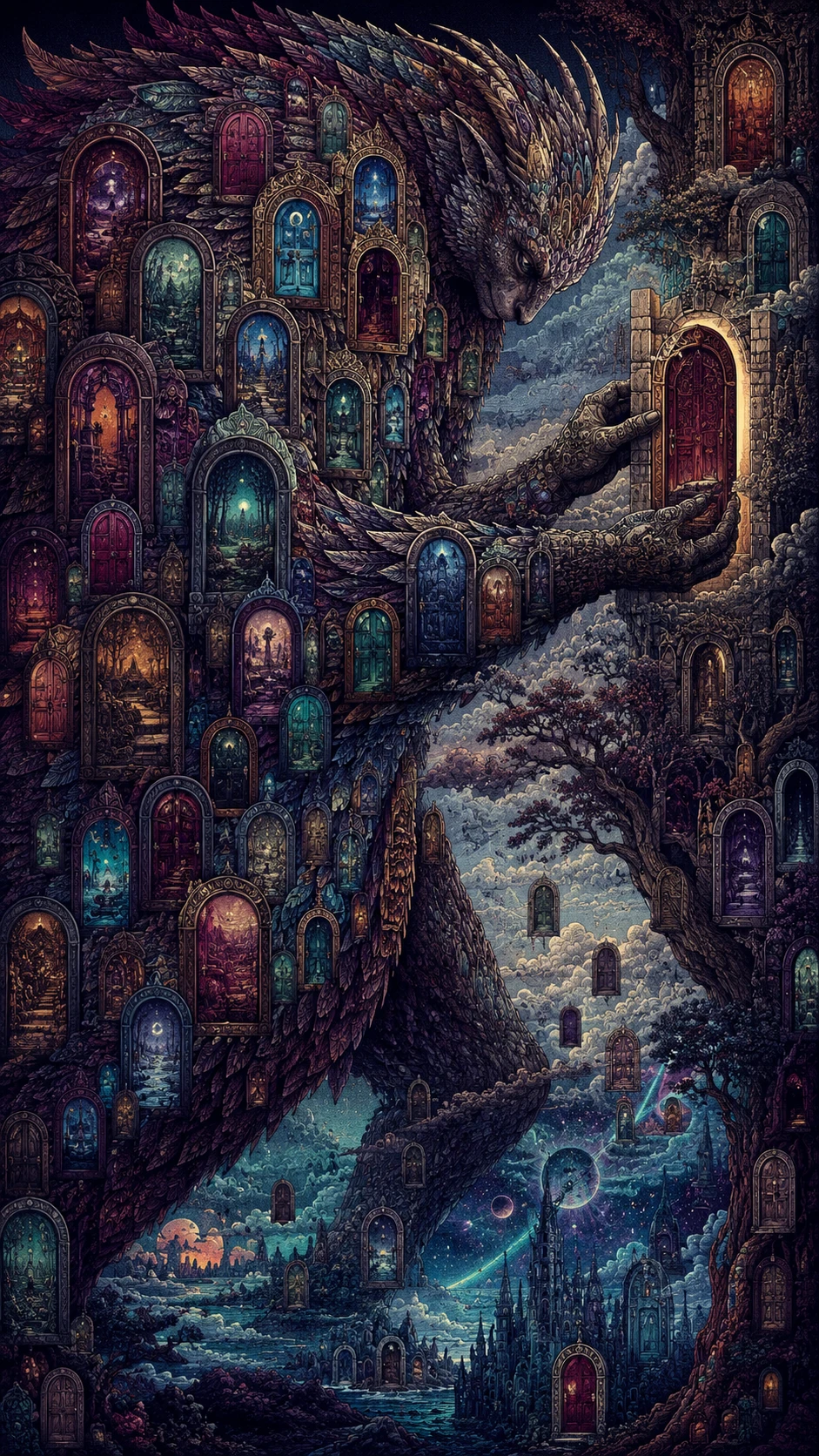 在無垠地景中扛著無數扇門的超現實生物