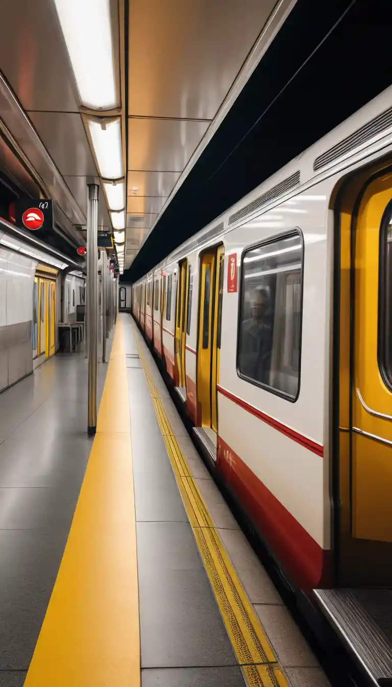 Trem de metrô moderno em plataforma subterrânea com portas abertas