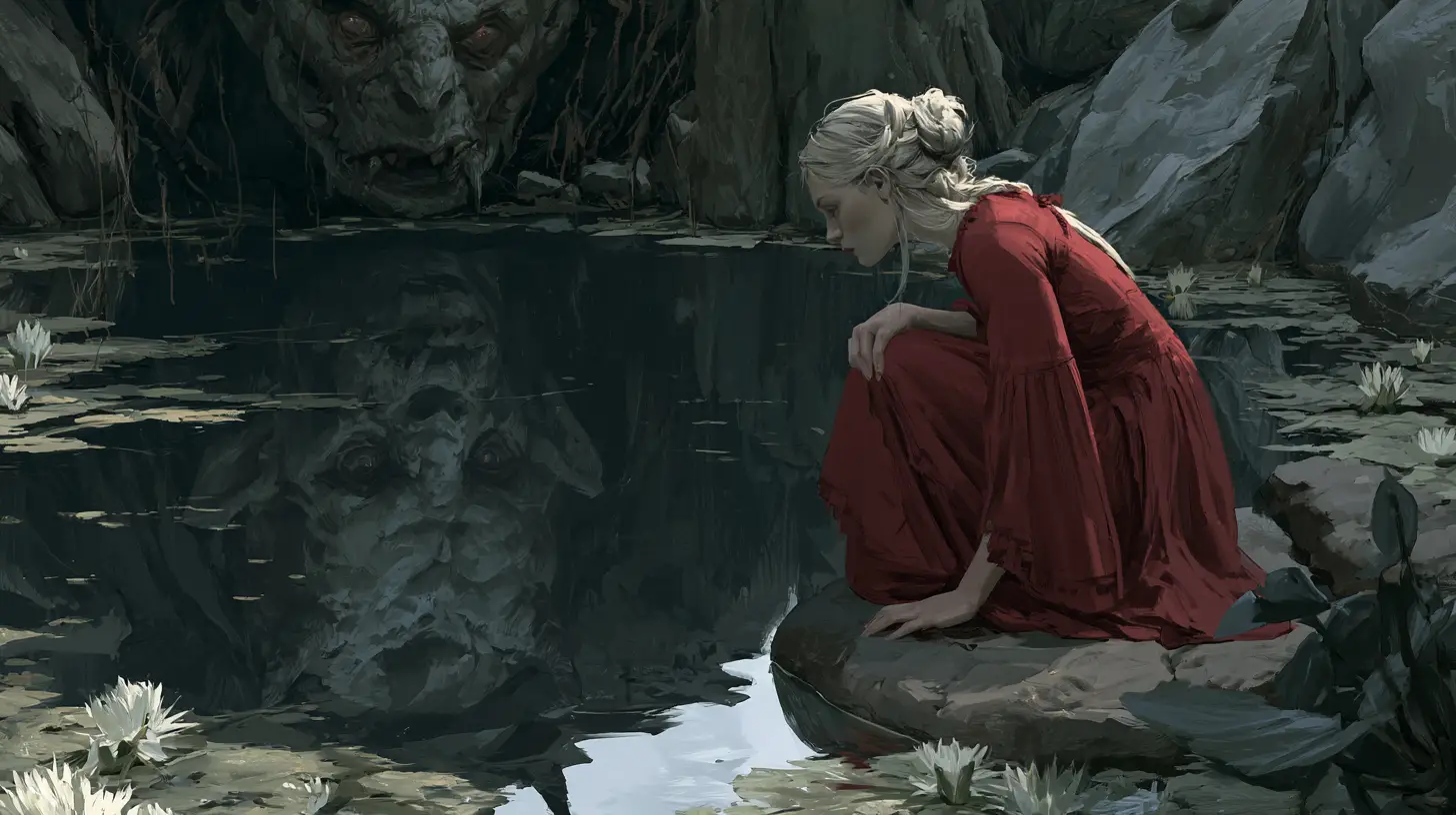Woman gazes into pond as monstrous reflection stares back